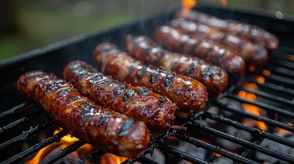 Grilled sausages on a barbecue rack with flames and smoke, cooked and ready to eat