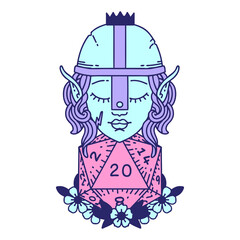 Retro Tattoo Style elf fighter with natural twenty dice roll in bright neon color