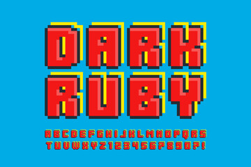 Pixel stylized vector alphabet design. High contrast and sharp, retro-futuristic.