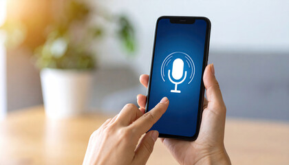 Voice activation: hand touching microphone icon on a smartphone.