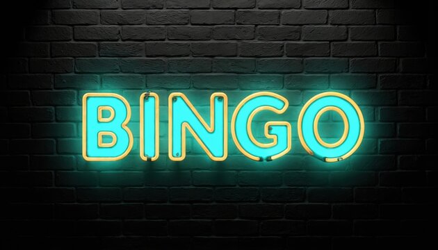 Illuminated turquoise neon BINGO sign glows against dark brick wall. Vibrant signage, with golden trim, suggests nightlife, entertainment, opportunities for winning. Perfect for bars, clubs, casino