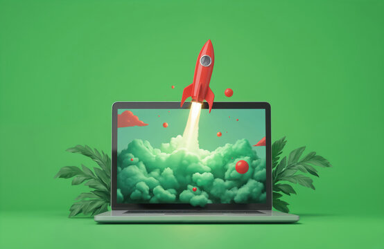 Red rocket launching from laptop screen, business startup, innovation, project launch. Digital illustration with green background, clouds, red spheres, representing creative ideas, technology - Powered by Adobe