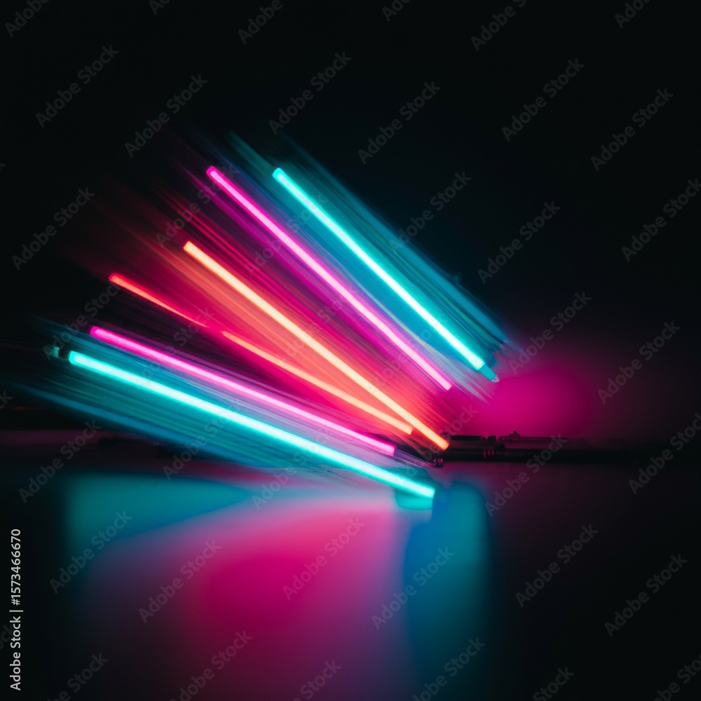 Poster neon light explosion: a dynamic display of colorful neon tubes illuminates a dark space, creating a 