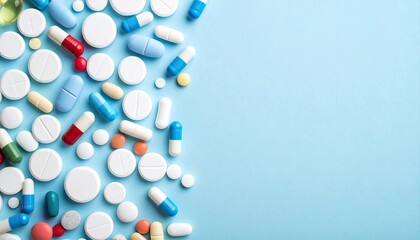 Assorted pills and capsules scattered across a light blue background