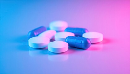 Pills under colorful neon light, white tablets, blue capsules on table