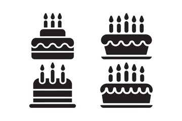 Collection of simple black and white birthday cake icons with candles