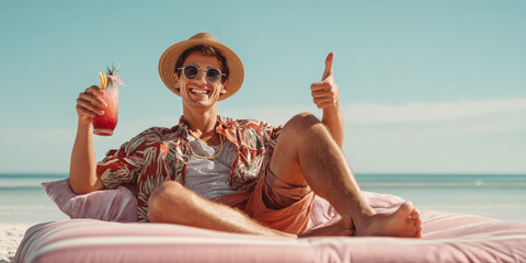 A joyful man in a straw hat and sunglasses relaxes on a beach lounger, holding a vibrant cocktail and giving a confident thumbs up, embodying pure holiday contentment and summer vibes