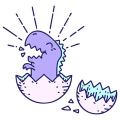illustration of a traditional tattoo style hatching dinosaur in bright neon color