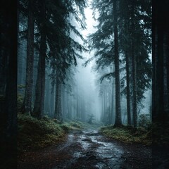 Obraz premium Mysterious Autumn Forest Path A Dark, Misty Trail Winding Through Tall Evergreen Trees at Dusk
