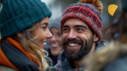 Smiling couple in hats, others blurred in background, outdoors