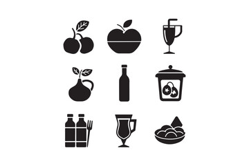 Collection of black and white icons representing food and drinks