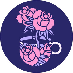 iconic tattoo style image of a cup and flowers in bright neon color