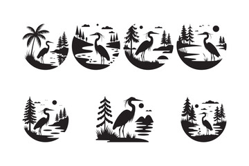 Heron silhouette scenes with trees and water elements