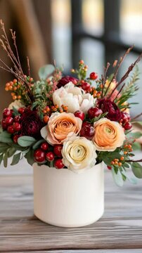 Vibrant floral arrangement on wooden table showcasing a burst of colors