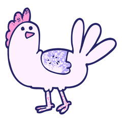 grunge textured illustration cartoon chicken in bright neon color