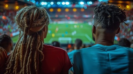 Stadium crowd views game, backs to camera, blurred green field