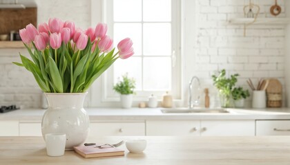 Pink tulips in white vase on wooden countertop in bright kitchen setting. Pink notebook and mug on right side. White brick wall and sink in background. Serene interior scene with fresh flowers.