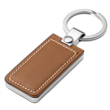 Elegant brown leather rectangle keychain with silver ring and white stitching isolated on transparent background