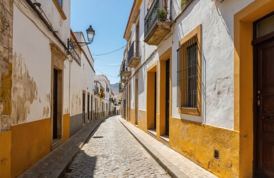 Narrow cobbled alleyway in Spanish town. Traditional whitewashed houses with yellow painted bases line street. Ornate balconies, wrought iron window grills add character. Bright sunny day with blue
