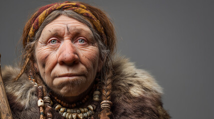 Portrait of a Neanderthal Woman Depicting Ancient Human Features and Cultural Attire in a Neutral Setting