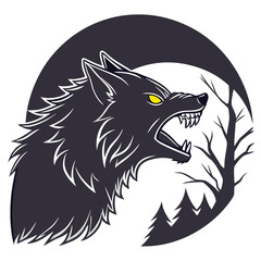 A wolf howling at the moon with trees and forest silhouette in the background with yellow eyes and sharp teeth