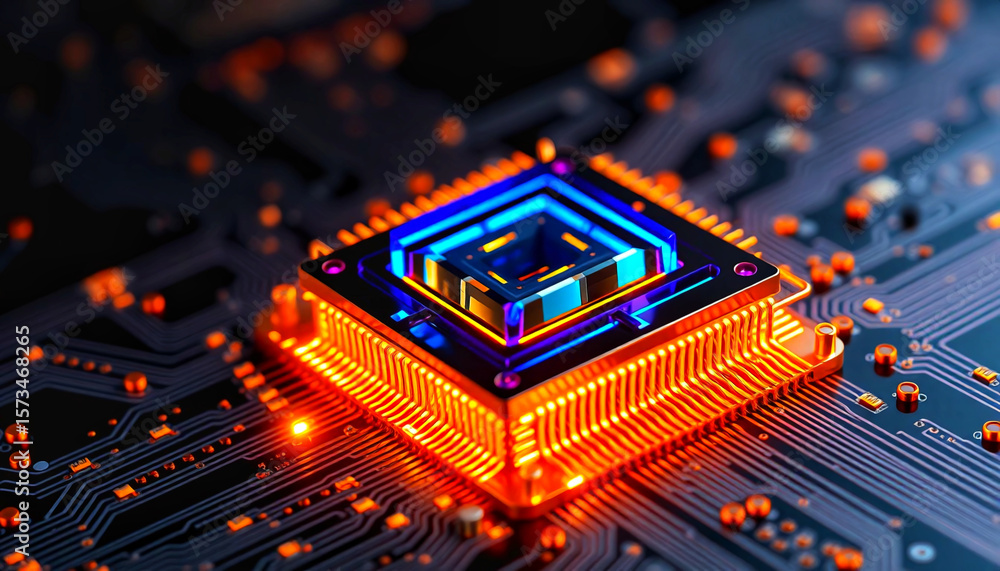 Poster macro 3d render of a quantum processor core, glowing gold and sapphire, intricate circuit details