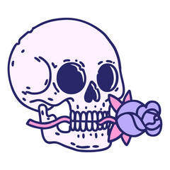 iconic tattoo style image of a skull and rose in bright neon color