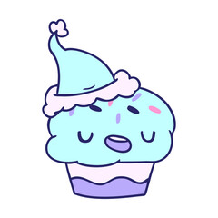 hand drawn christmas cartoon of kawaii cupcake in bright neon color