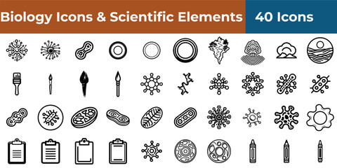 Illustration of biology icons and scientific elements in black outline on a transparent background icon sheet