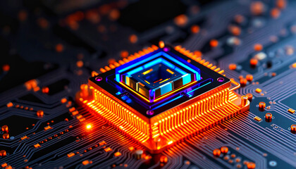 Macro 3D render of a quantum processor core, glowing gold and sapphire, intricate circuit details