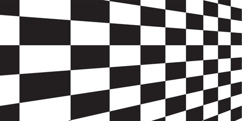 Fototapeta premium Trippy checkerboard background. Black and white retro psychedelic checkered wallpaper. Wavy groovy chessboard surface. Distorted and twisted geometric pattern. Abstract vector backdrop