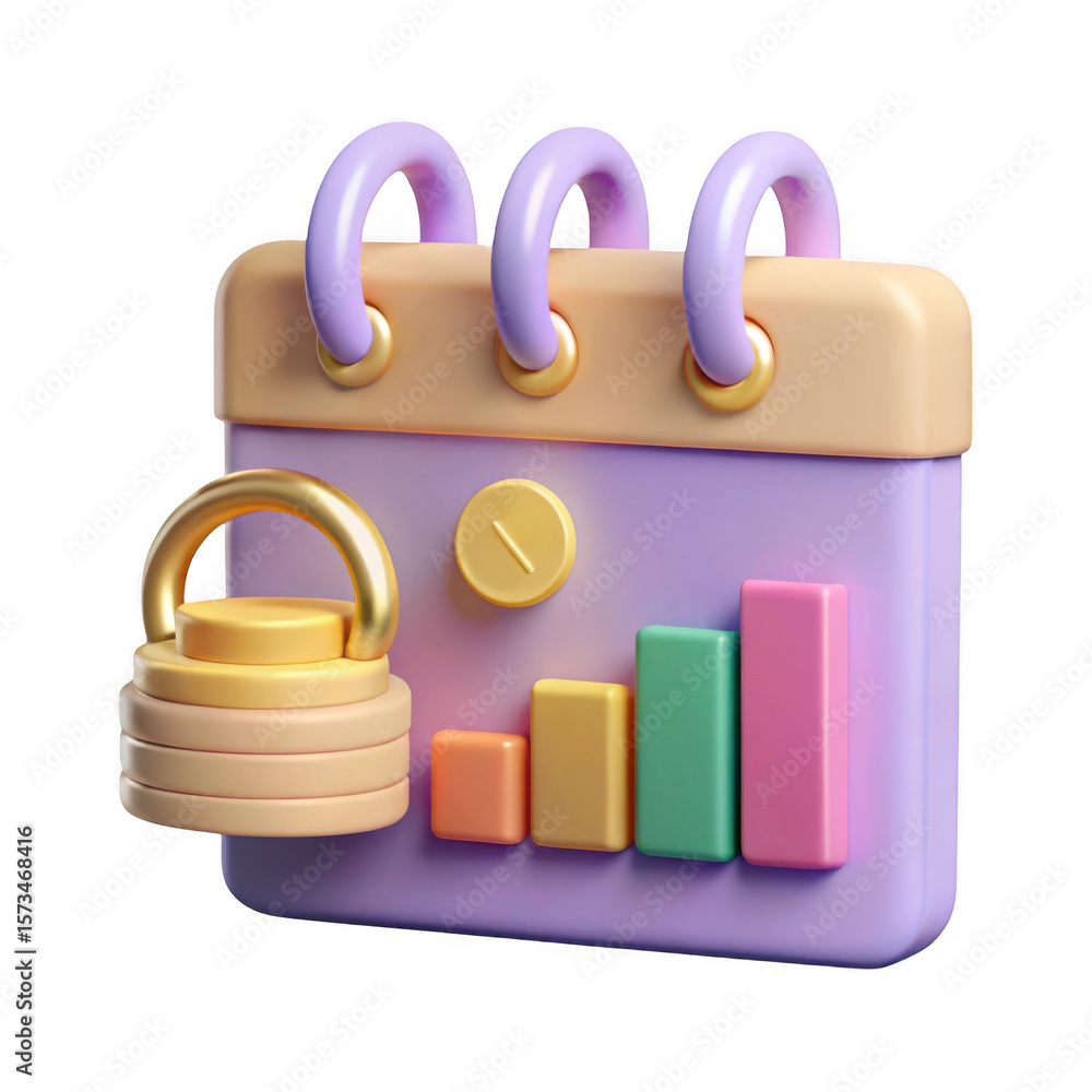 Poster 3d stylized calendar with growth chart and stacked weights isolated on transparent background
