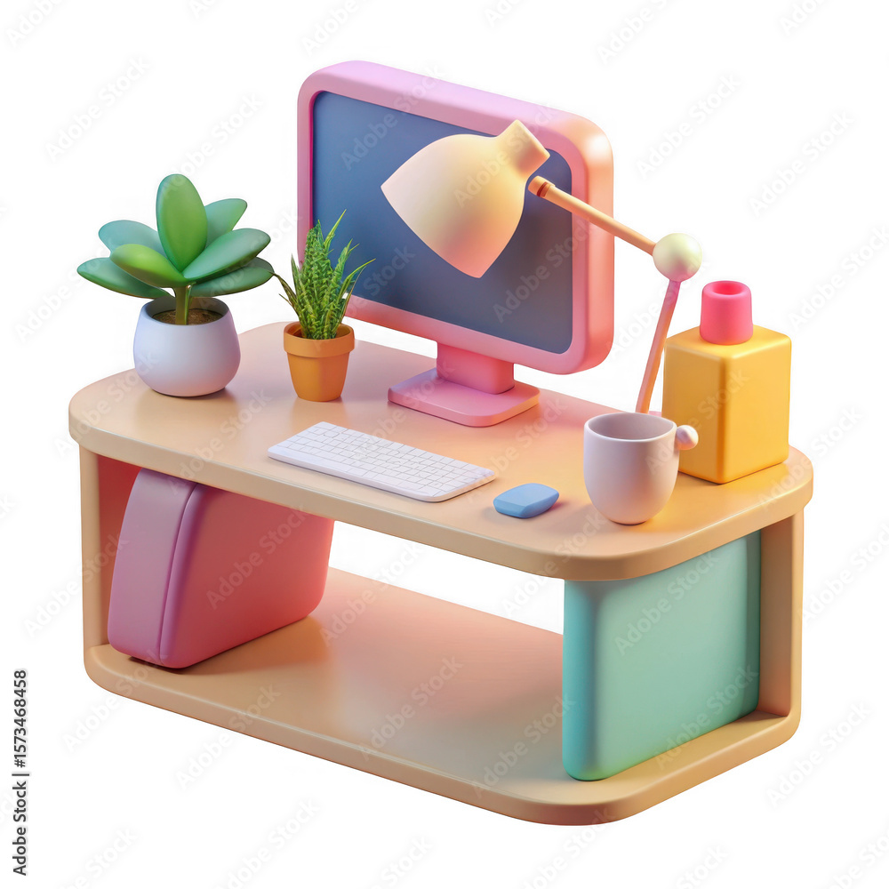 Poster charming 3d rendered desk setup with plants and computer isolated on transparent background