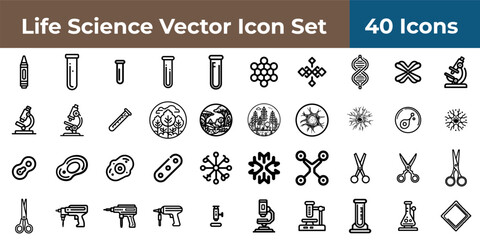 Life science vector icon set featuring laboratory equipment and biological elements in black and white line art icon sheet