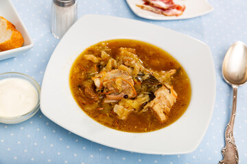 Soup of cabbage with boiled vegetables and pork broth, served in bowl