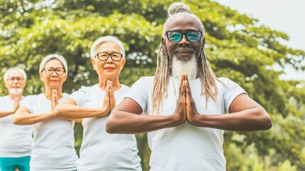 Senior yoga class practicing outdoors with all participants smiling hands in prayer pose promoting healthy aging concept on bright sunny day for wellness marketing