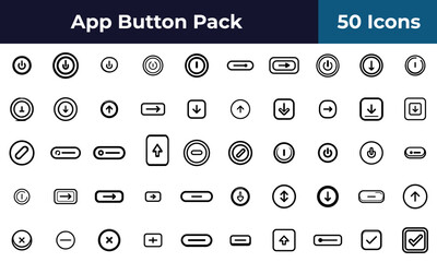 A collection of fifty app button icons featuring arrows power symbols and other ui elements in black outline
