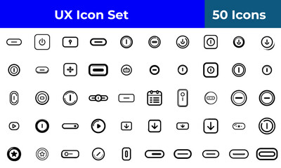 A collection of fifty user interface icons displayed on a transparent background in a grid format