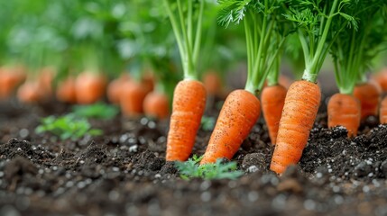 Fresh, vibrant orange carrots grow upright in dark soil with green tops in a lush garden