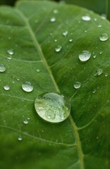 Fototapeta premium Vibrant green leaf with tiny water droplets, mirror-like reflection on leaf surface. Close-up view of single leaf with droplets, blurred gray background, contrasting with leaf rich green. Slightly