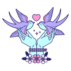 tattoo in traditional style of tied hands and swallows in bright neon color