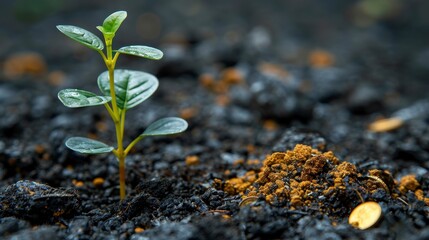 Sprout emerges from dark earth, vibrant leaves against the dark soil
