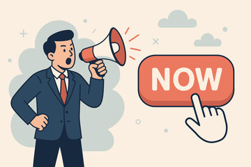 Call to action concept. Businessman with megaphone motivates user to click now. Online advertising message for website signup or banner ad. Marketing promotion strategy.