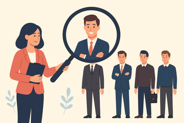 Fototapeta premium Human resources manager choosing the best candidate for a job. HR recruitment and employment concept. Woman with magnifying glass hiring an outstanding applicant for a vacancy.