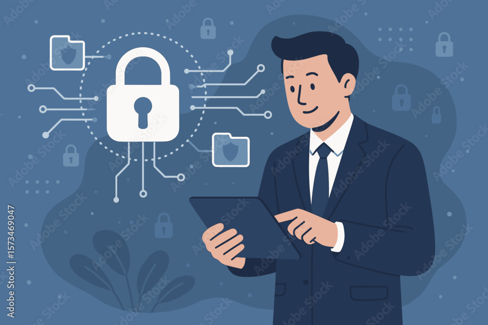 Poster cyber security and data protection concept. businessman using tablet to protect business data. netwo