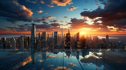 Obraz premium Stunning cityscape at sunset with reflective foreground creating a captivating scene