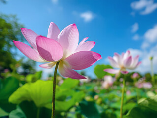 夏の青空の下で美しく咲き誇るピンク色の蓮の花