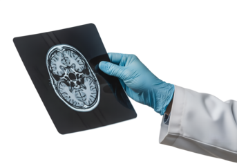 Medical professional examining brain mri scan, health care and neurology concept, isolated on transparent background, diagnostic imaging, doctor analysis