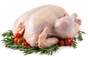 Large freshly butchered turkey breast on white background. Light beige skin cut into two portions. Turkey rests on bed of rosemary leaves, cherry tomatoes. Vibrant colors, textures contrast with