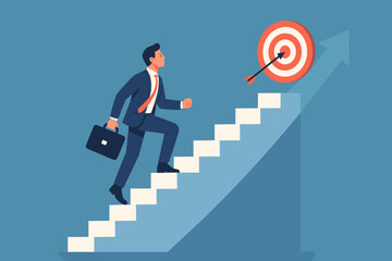 Businessman climbing the ladder of success. Stairway to succeed and reach business target. Career path growth, motivation, and challenge to achieve success opportunity concept.
